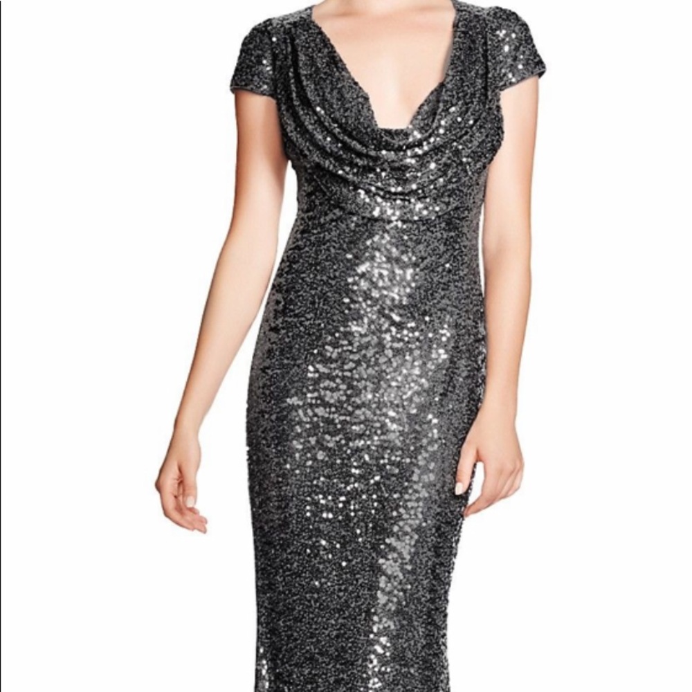Badley Micshka charcoal sequin gown